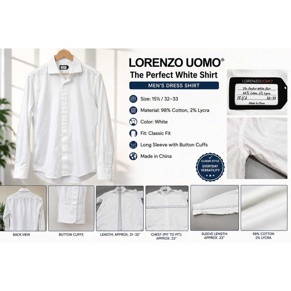 Lorenzo Uomo The Perfect White Shirt Mens 15.5 32-33 Classic Fit Dress Shirt